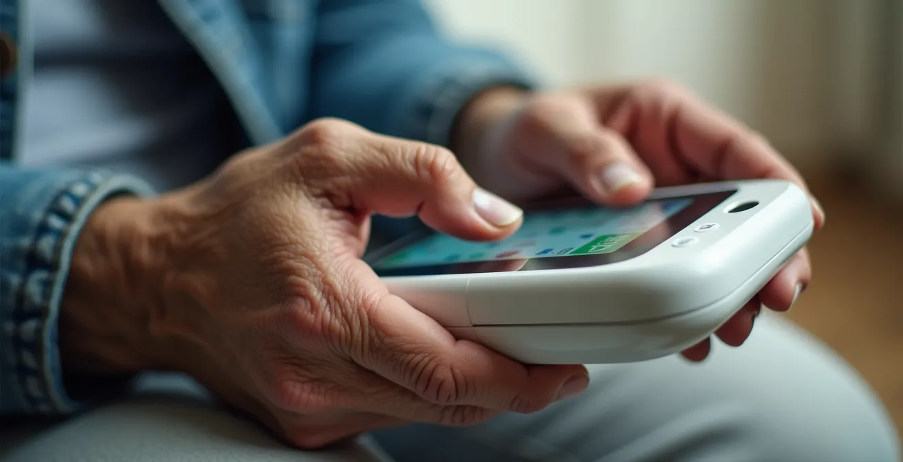 Senior utilisant des technologies de santé connectée à domicile