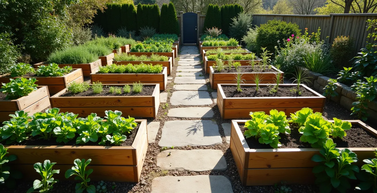 Vue d'ensemble minimaliste d'un jardin surélevé au printemps avec espaces de travail organisés