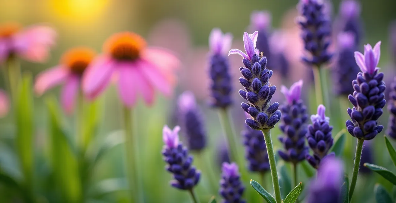 Vue macro de fleurs vivaces colorées dans un bac surélevé avec détails des textures des pétales