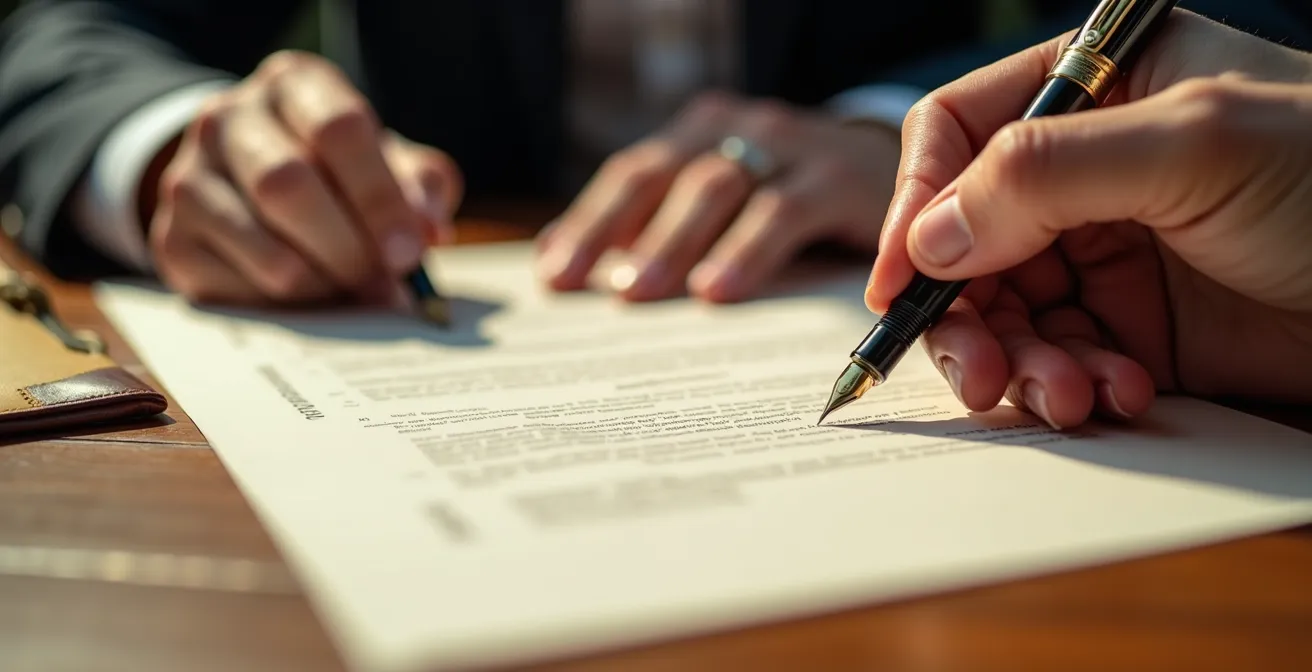 Mains de notaire et client signant des documents de donation sur bureau en bois