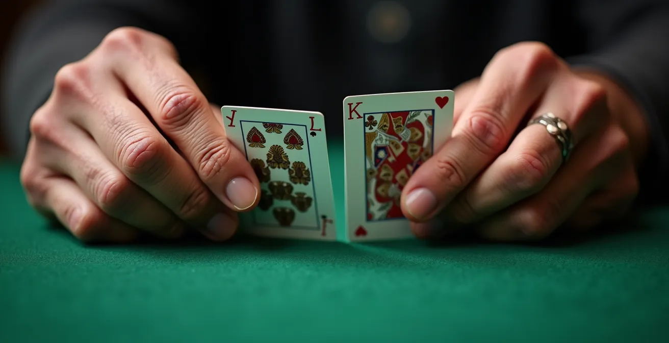 Gros plan sur les mains d'un senior tenant des cartes de Belote avec expression concentrée