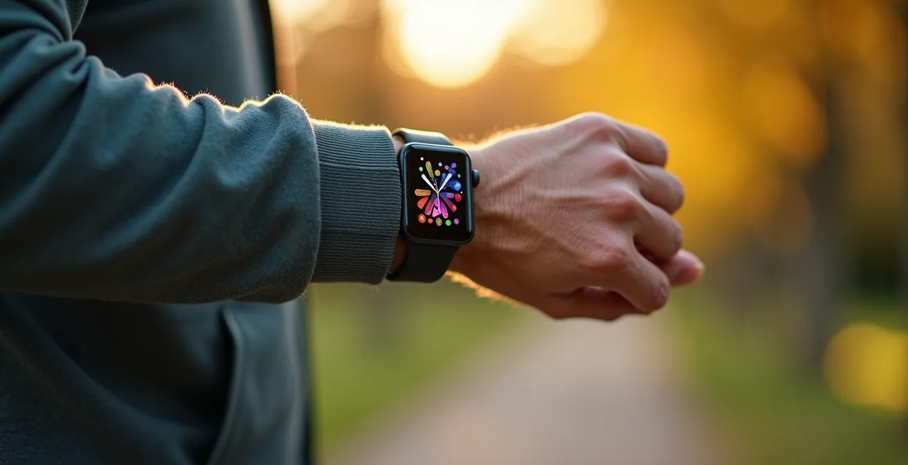 Senior pratiquant la marche d'endurance avec montre cardiofréquencemètre