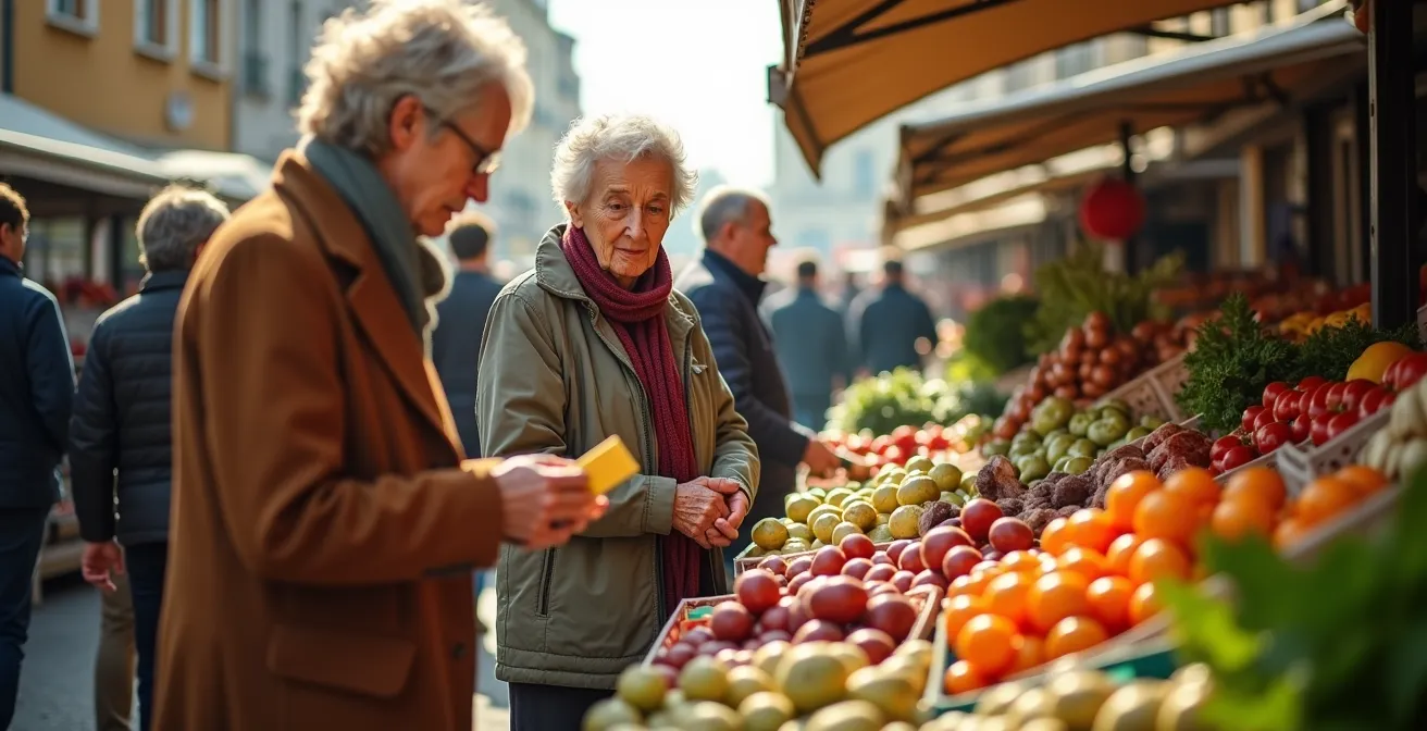 Vue aérienne d'un marché français animé avec des seniors explorant différents étals de produits frais