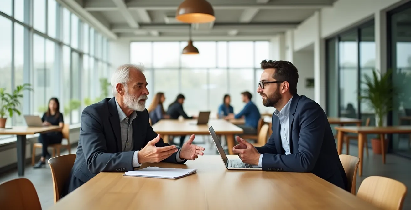Senior mentor en discussion avec un jeune entrepreneur dans un espace de travail lumineux