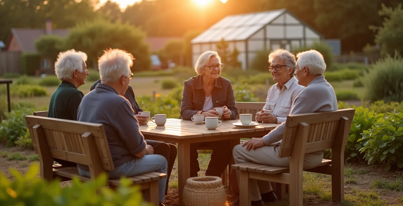 Groupe de seniors français partageant un moment convivial dans un jardin partagé