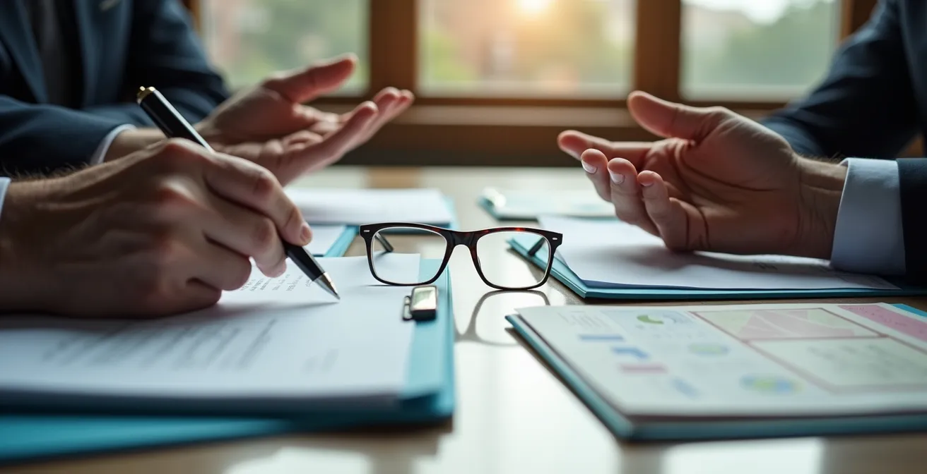 Senior en négociation avec un conseiller d'assurance autour de documents dans un bureau professionnel