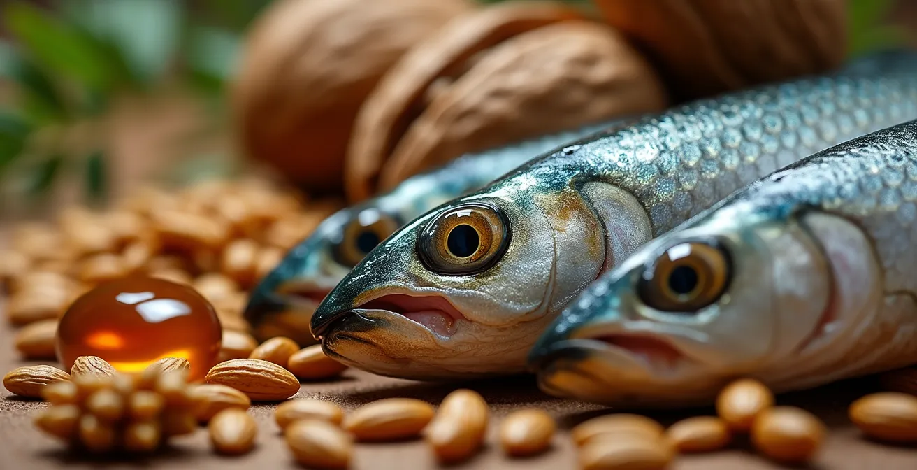 Gros plan macro sur sardines fraîches, noix et graines de lin avec gouttes d'huile dorée