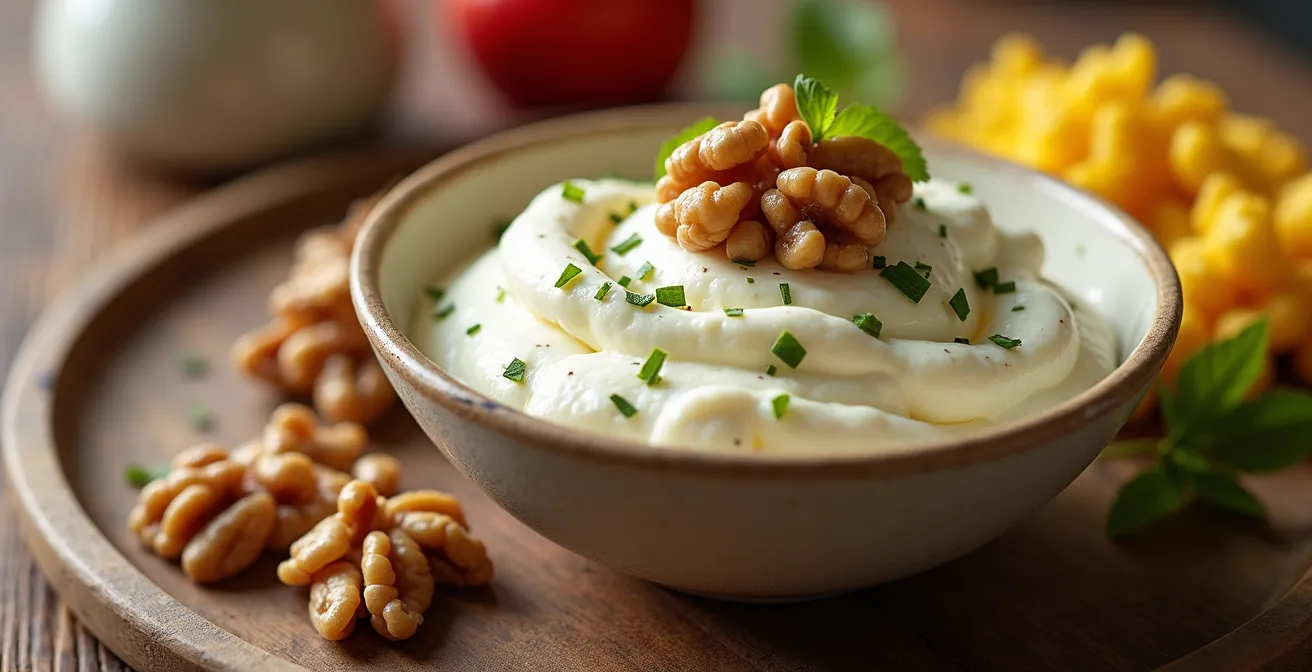 Plateau de petit-déjeuner français riche en protéines avec fromage blanc et noix