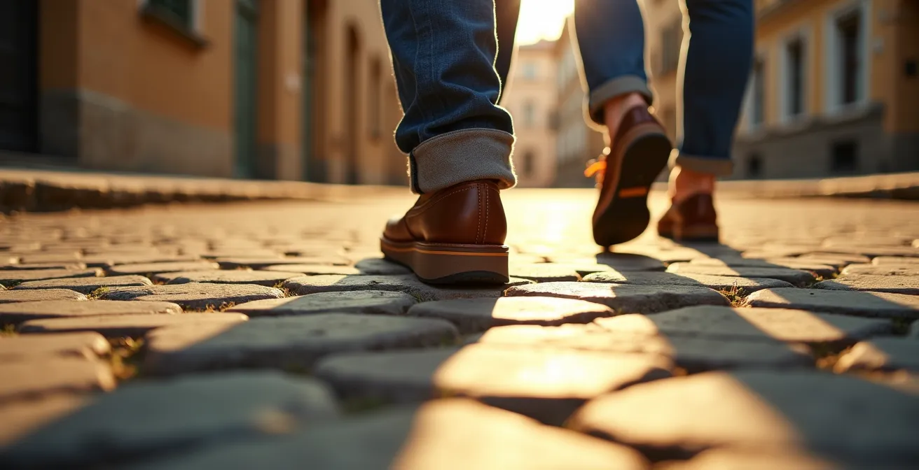 Couple de seniors marchant tranquillement dans une rue pavée française après le déjeuner, lumière dorée d'après-midi