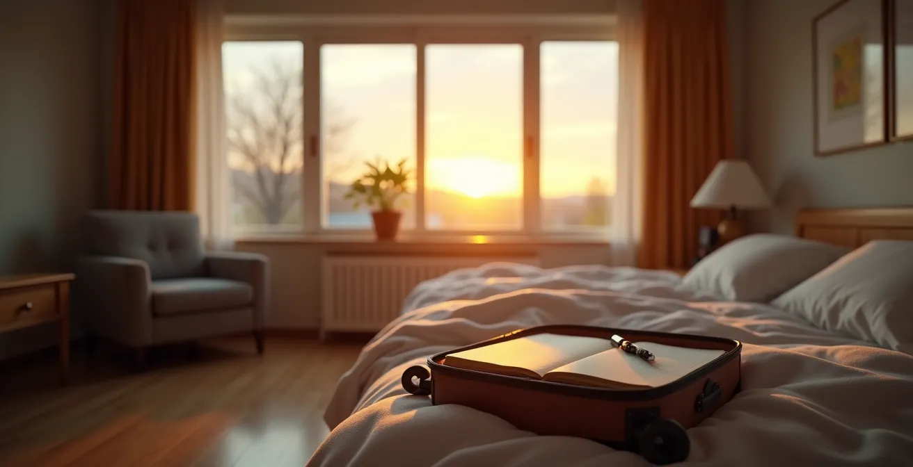 Chambre de résidence senior au crépuscule avec valise ouverte et carnet de notes