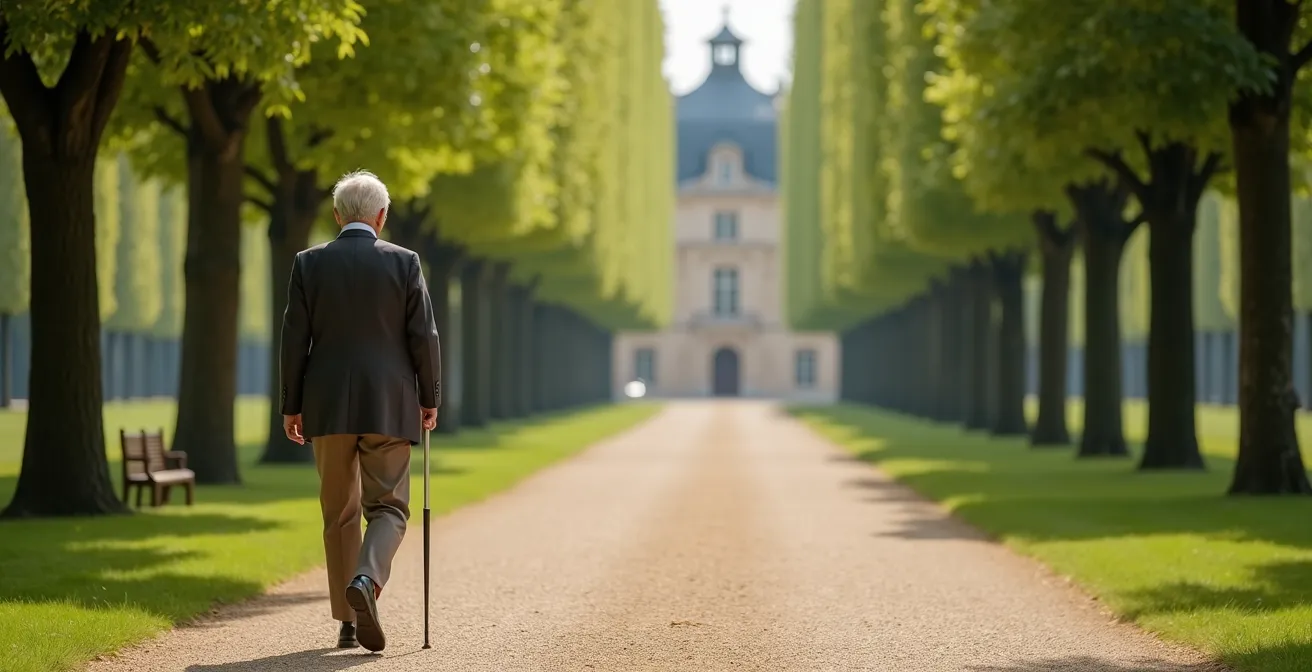 Senior actif profitant d'une promenade dans un parc français ensoleillé