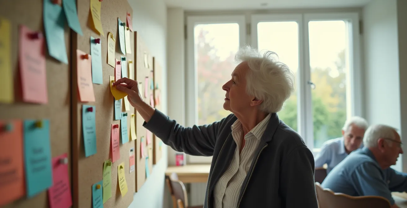 Senior proposant son aide sur un tableau d'annonces communautaire dans une maison de quartier