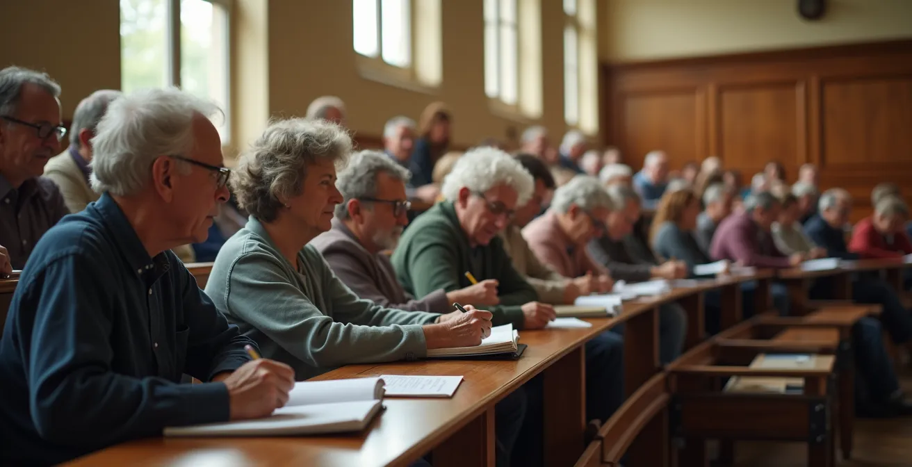 Senior concentré étudiant dans un amphithéâtre universitaire avec d'autres apprenants âgés