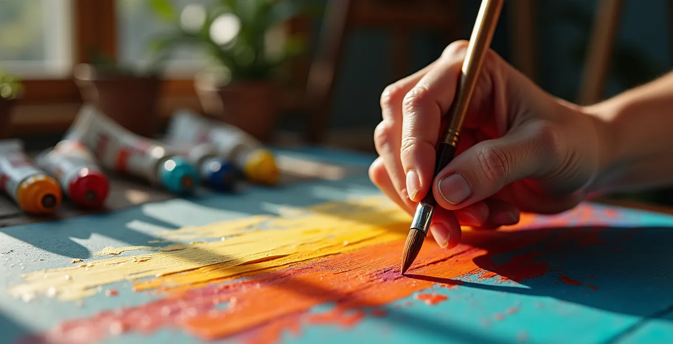 Senior concentré sur une toile dans un atelier de peinture lumineux