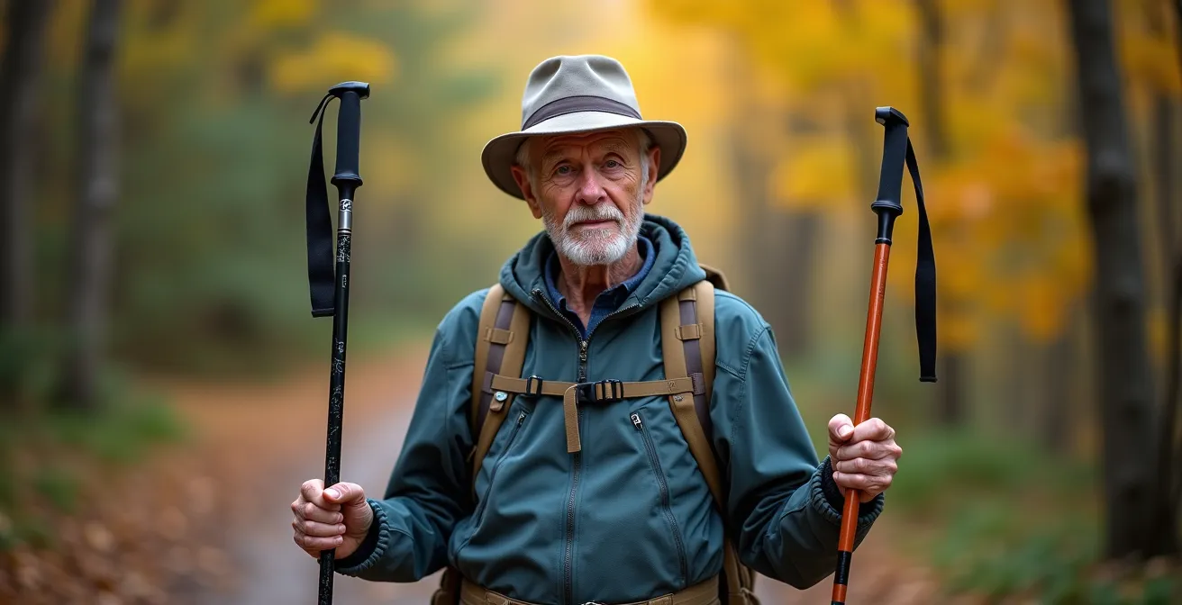 Randonneur senior tenant deux types de bâtons dans un sentier forestier