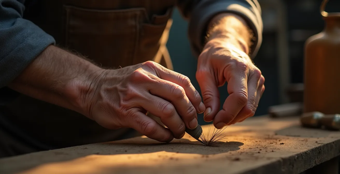 Senior transmettant un savoir-faire manuel à de plus jeunes participants dans un atelier technique