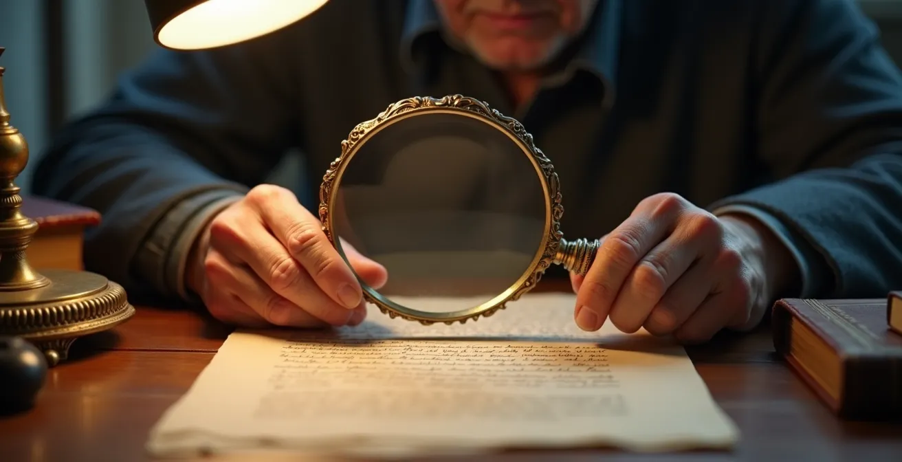 Senior utilisant une loupe pour examiner les petites lignes d'un contrat de mutuelle afin de déceler les délais de carence cachés