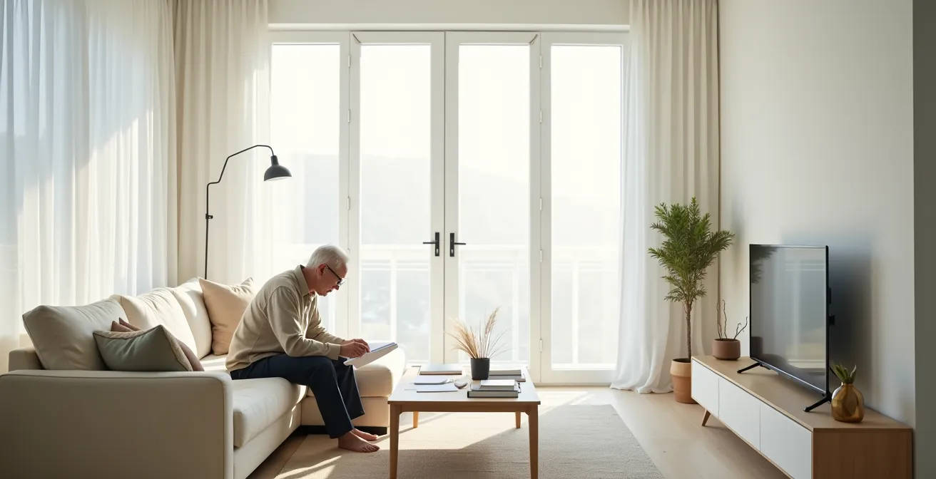 Personne senior lisant attentivement un contrat dans un environnement calme et lumineux