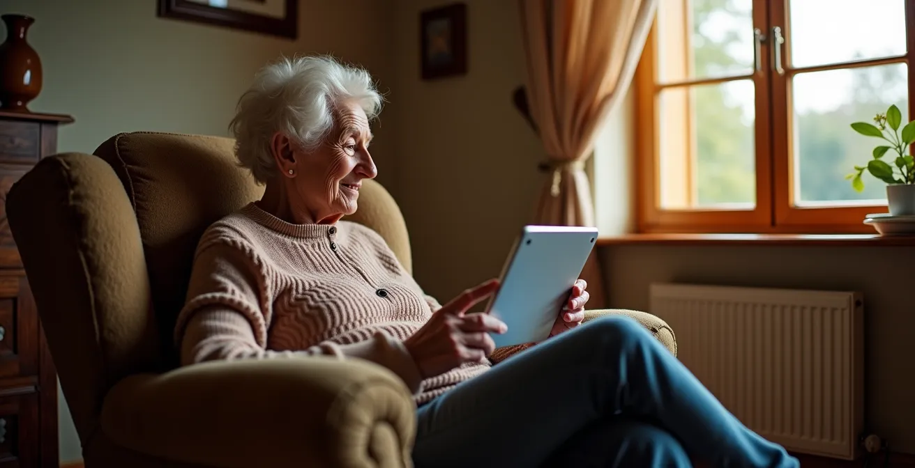 Personne âgée en zone rurale utilisant sereinement une tablette pour une téléconsultation médicale depuis son salon