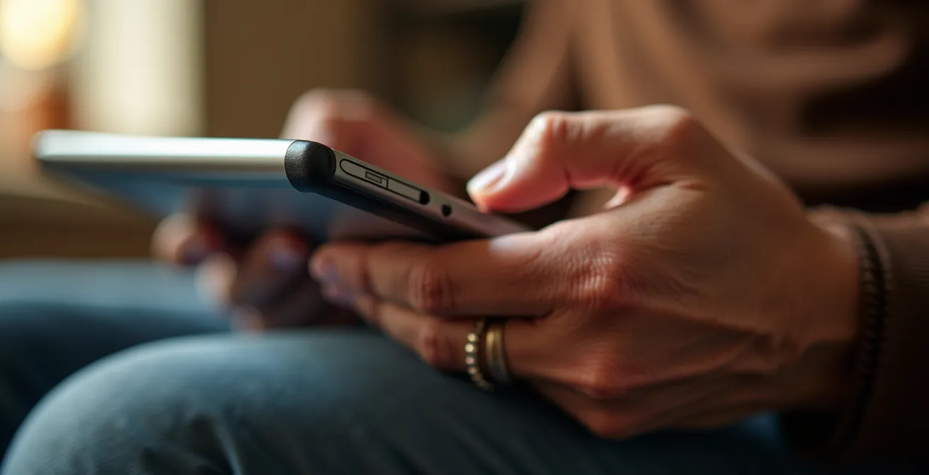 Senior souriant en vidéoconférence avec sa famille sur tablette, illustrant l'usage actif et positif du numérique
