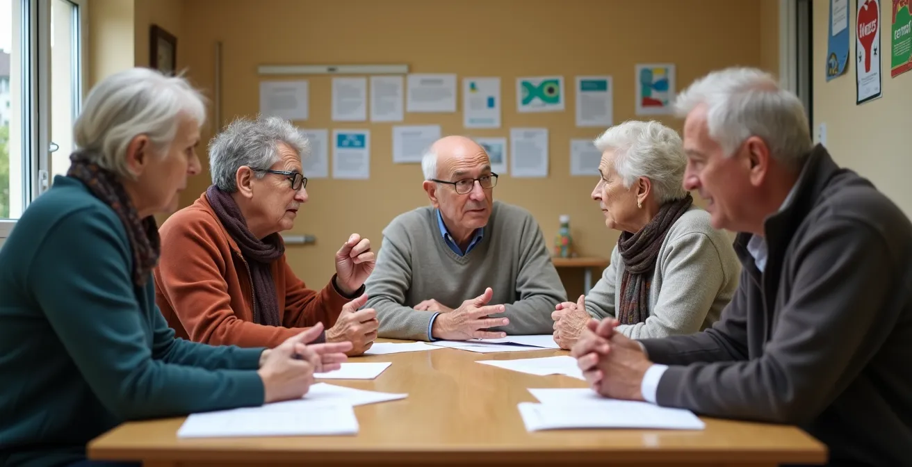 Groupe de seniors en réunion de travail autour d'une table avec papiers administratifs