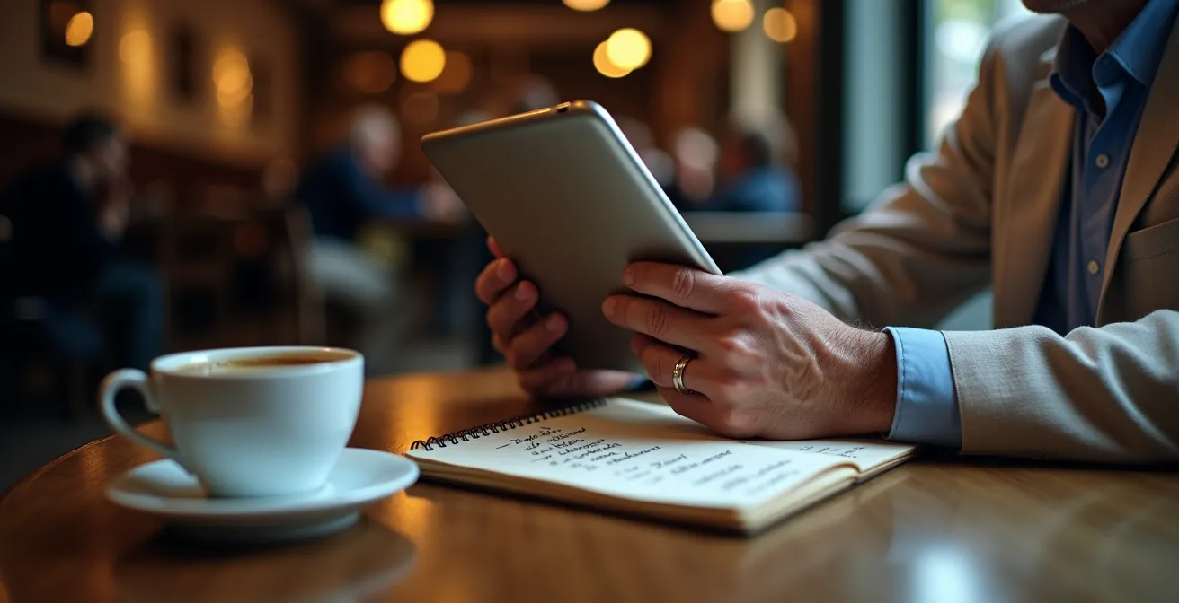 Senior vérifiant attentivement des informations locales sur une tablette dans un café de quartier