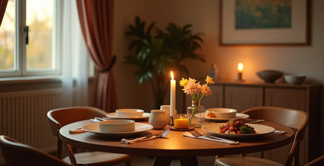 Table élégamment dressée pour une personne avec bougie allumée et assiette raffinée dans une ambiance chaleureuse