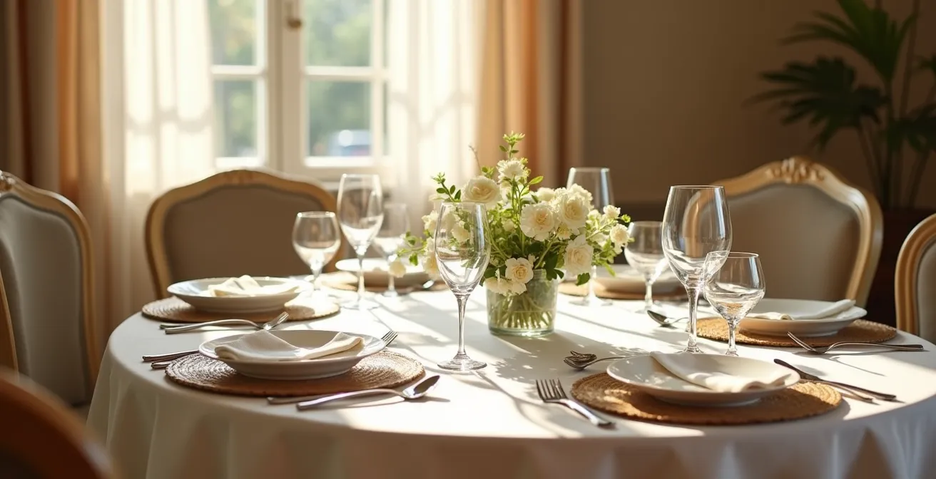 Table élégamment dressée à la française avec belle vaisselle et composition florale, ambiance apaisante