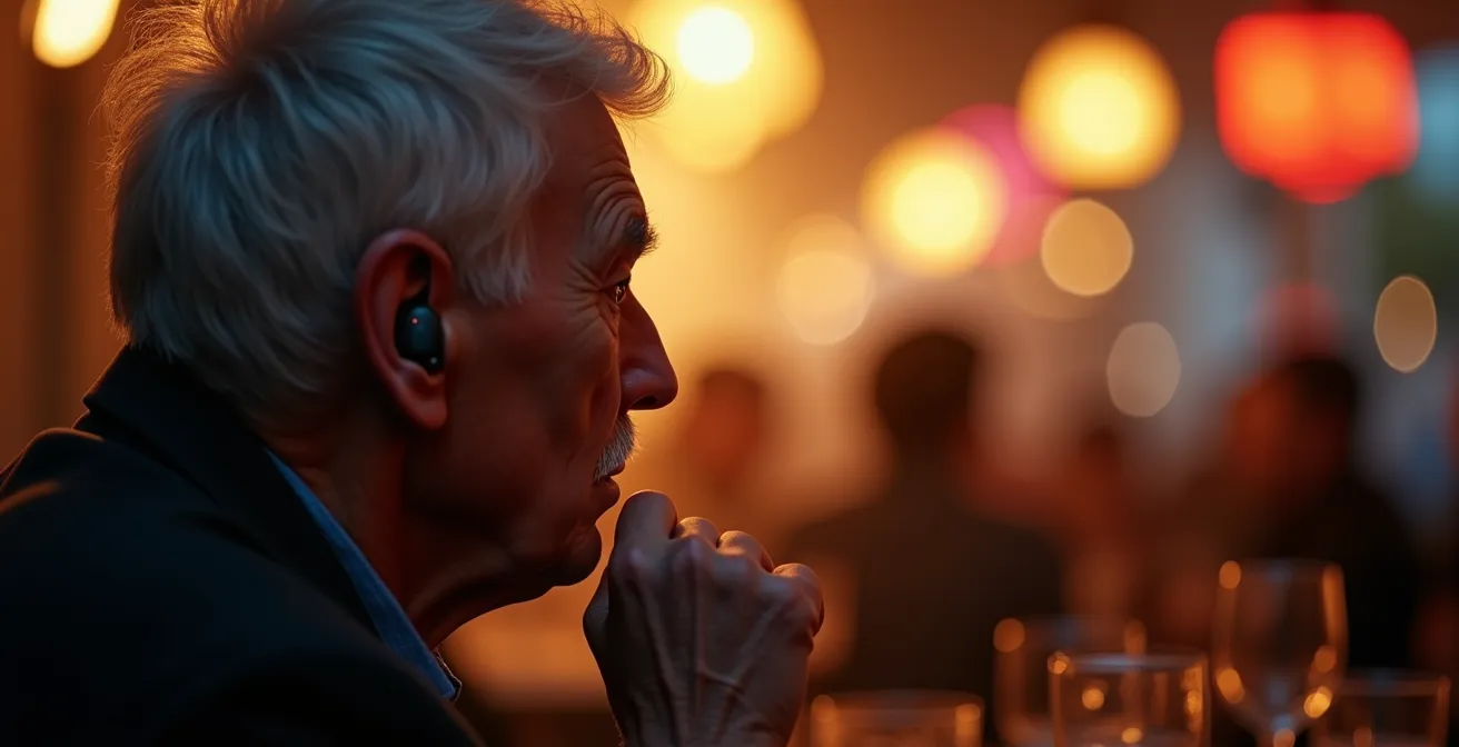 Personne âgée testant discrètement son appareil auditif dans un café animé