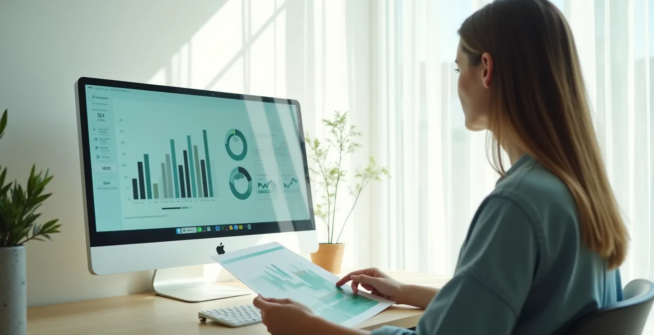 Personne consultant un écran d'ordinateur avec graphiques médicaux pour simuler son remboursement.