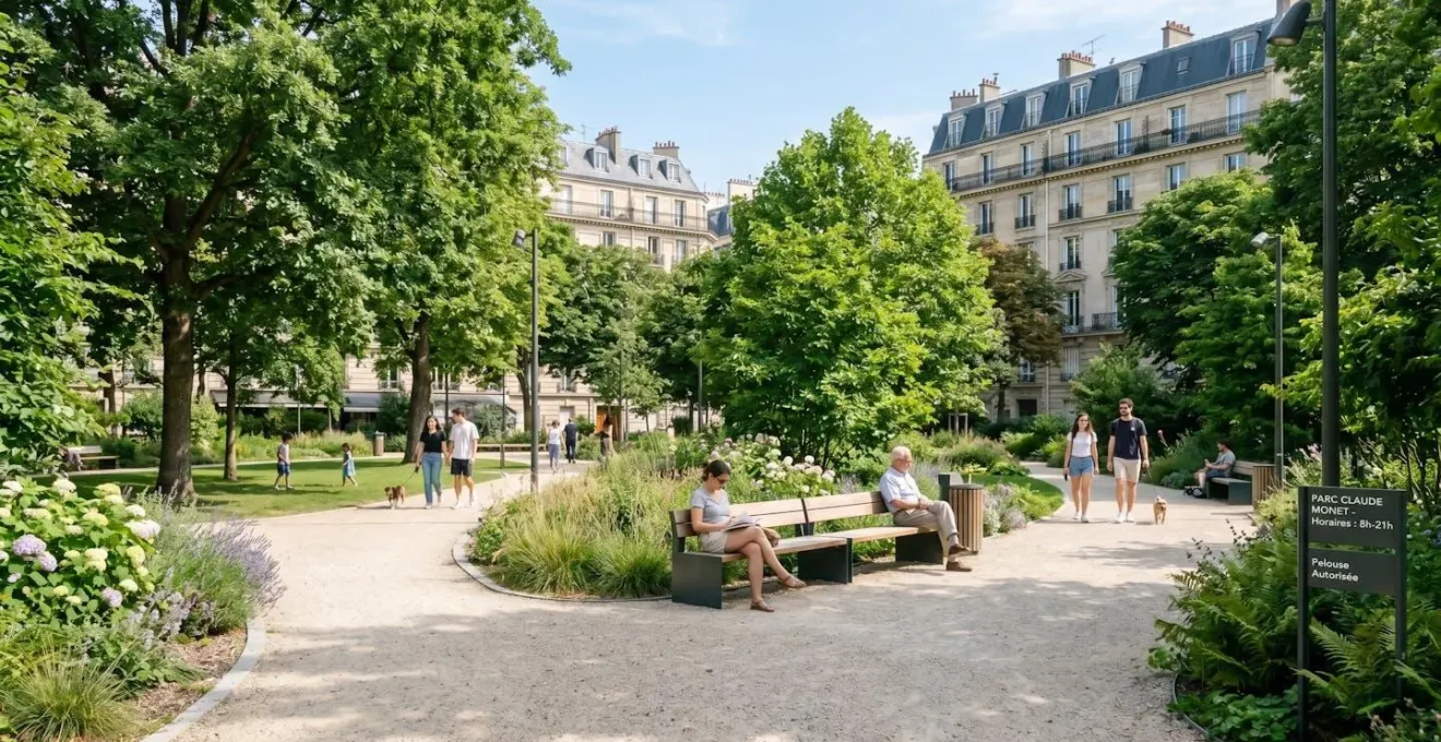 Vue grand angle d'un parc urbain paisible avec bancs contemporains, arbres matures et allées bien entretenues sous une lumière naturelle claire