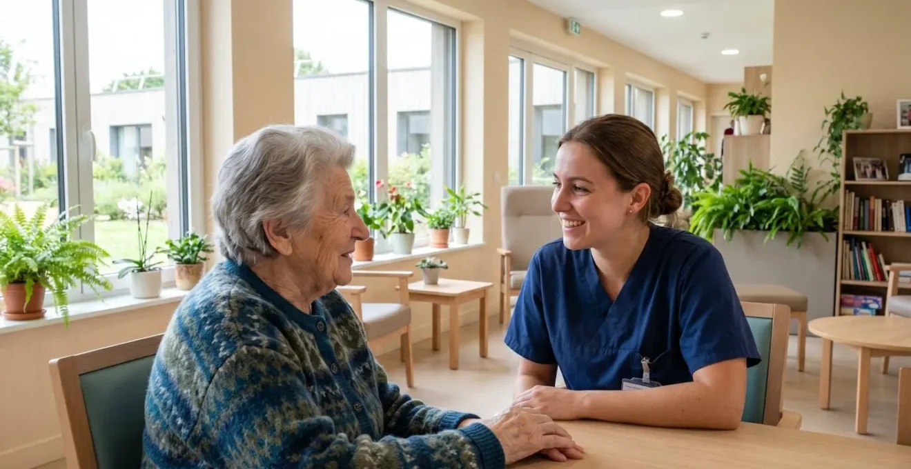 Une personne senior et un accompagnant en blouse blanche discutent de profil dans un espace lumineux avec plantes vertes en arrière-plan