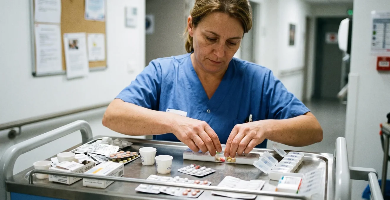 Aide-soignante préparant des doses de médicaments sur un chariot de soins dans un EHPAD français.