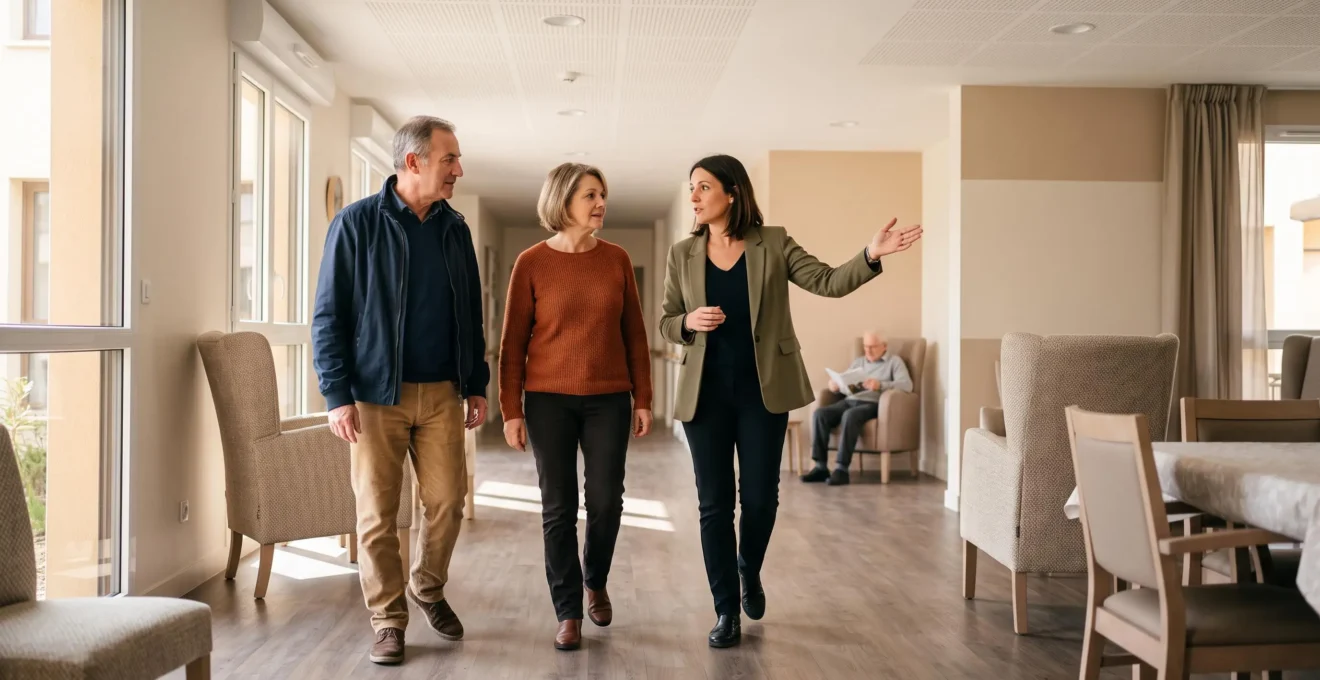 Couple visitant un EHPAD accompagné d'une responsable dans un espace commun lumineux de l'établissement.