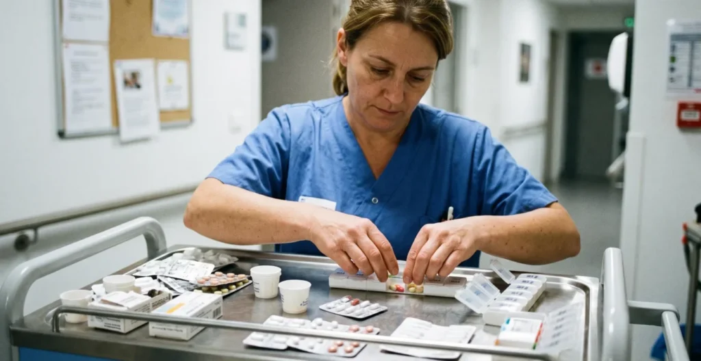 Aide-soignante préparant des doses de médicaments sur un chariot de soins dans un EHPAD français. Aide-soignante préparant des doses de médicaments sur un chariot de soins dans un EHPAD français.